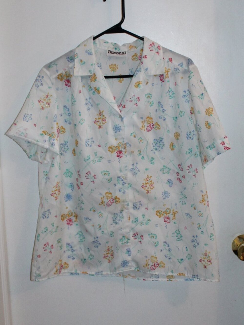 Vintage white short-sleeve button-up blouse, colorful pastel floral print